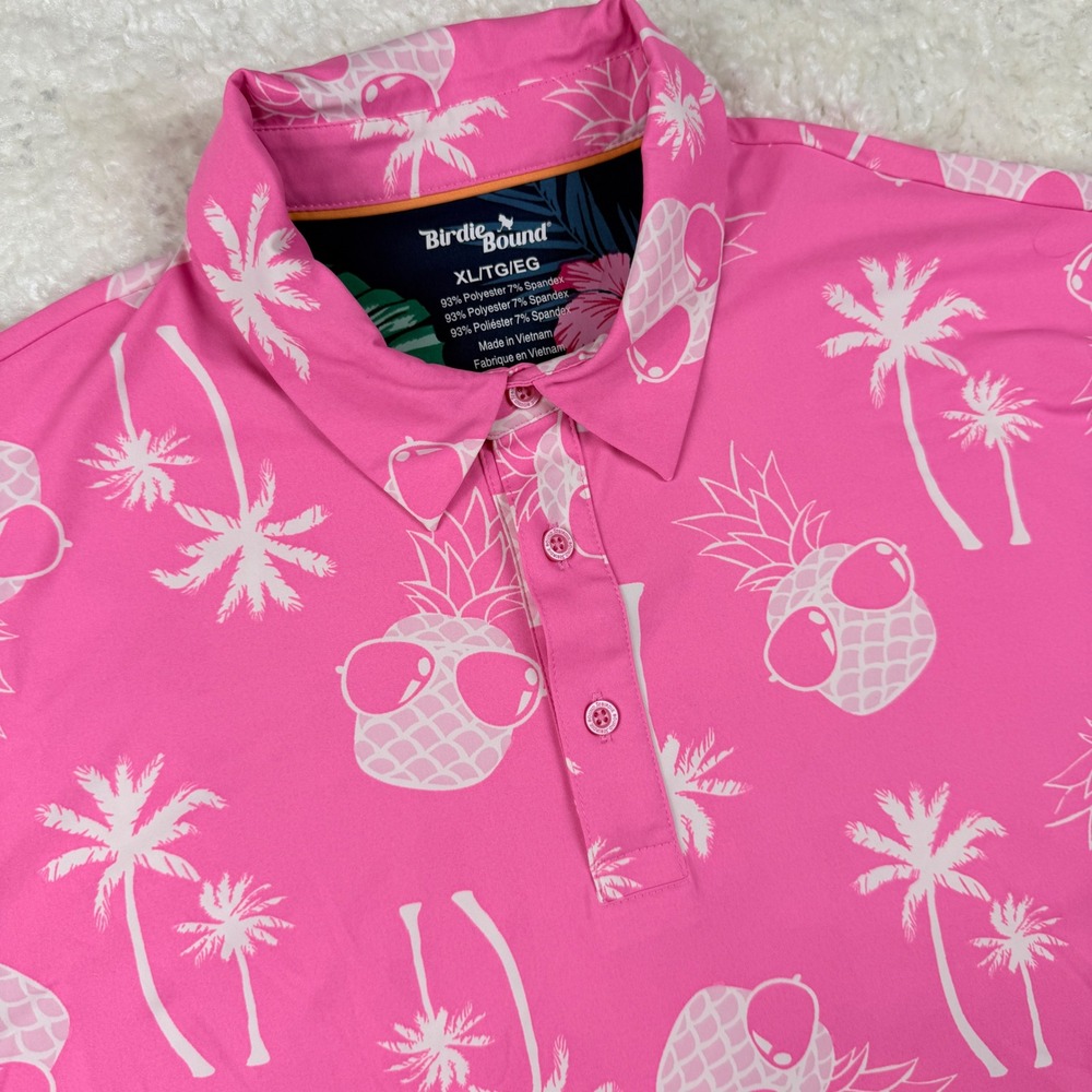 Birdie Bound Mens XL Pink Tropical Pineapple Palm Tree Golf Polo‎ Shirt Stretch